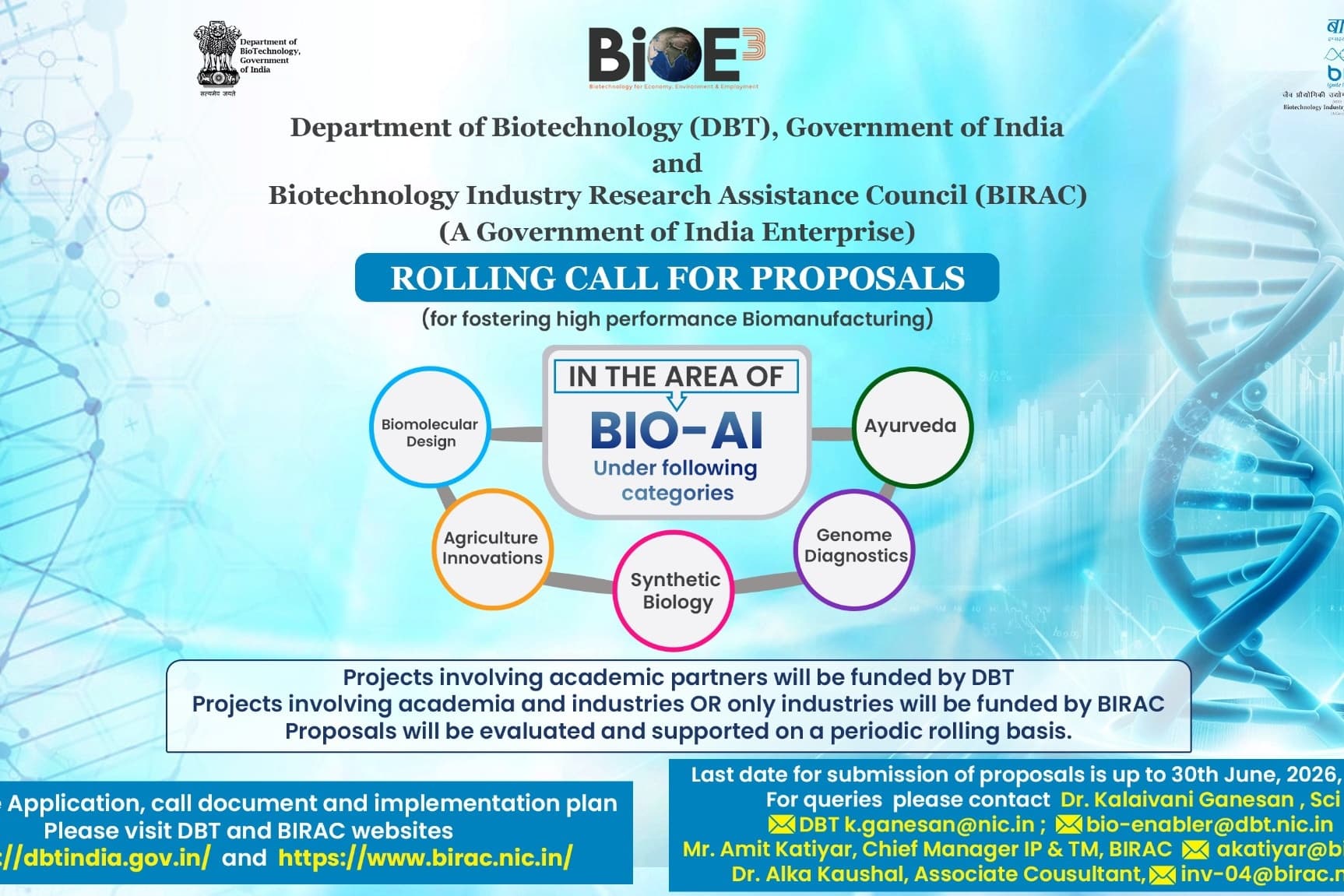 DBT BIRAC Joint Call for Proposals on Bio-AIfor establishing मूलांकुर hubs under BioE3 Policy for Biomanufacturing